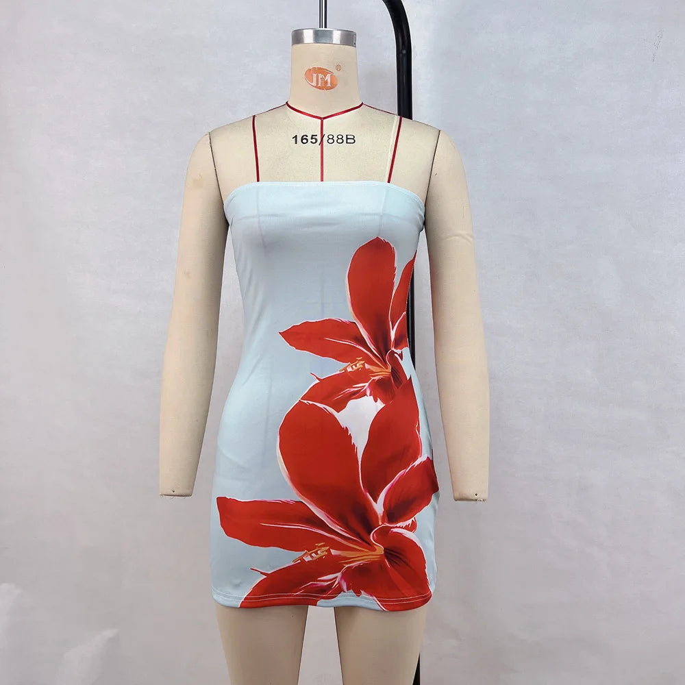 Women Strapless Floral Print Bodycon Mini Dress Summer Sexy Wrapped Hip Tube Top Short Dress for Party Beach Clubwear