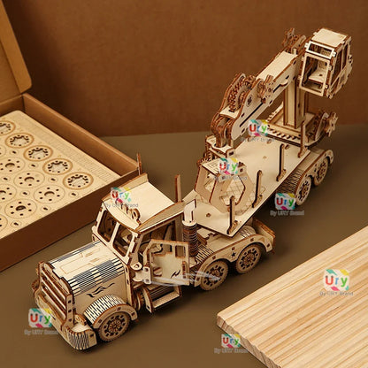 Ury 3D Wooden Puzzle Movable Retro Biplane Crane Bulldozer Handmade Assembly Truck Model DIY Toys Decoration Gift For