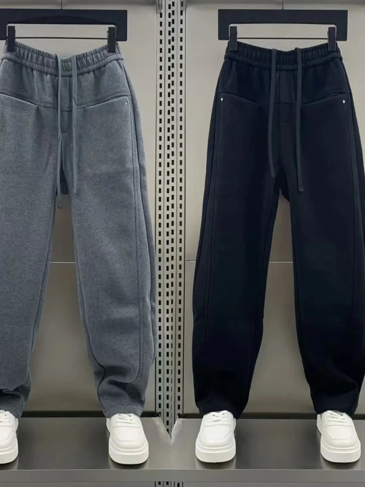 Men's Straight Leg Fleece Lined Thickened Casual Sports Pants Autumn Winter Pure Color Versatile Loose Fit Trousers