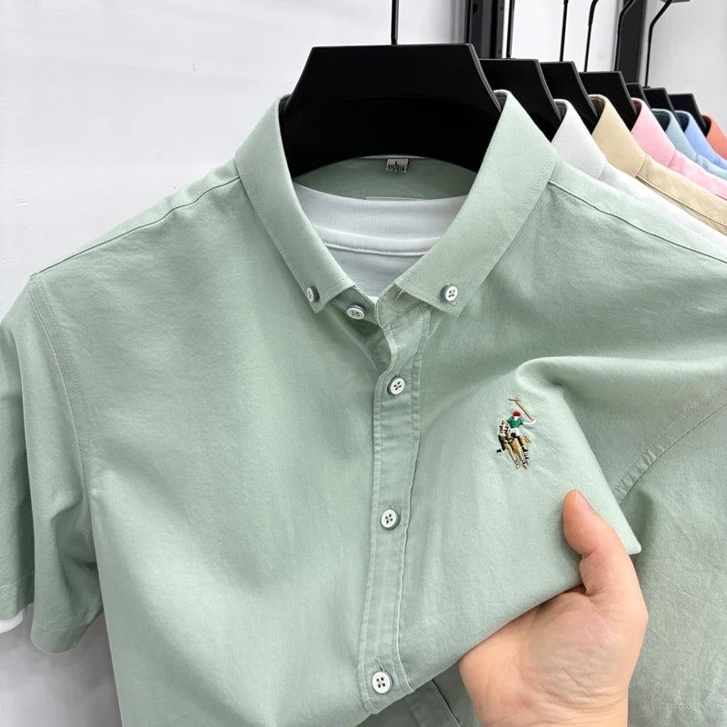 100% Pure Cotton Men's Short Sleeved 2026 New Brand Embroidered Trendy Shirt for Men's Casual Summer Wear