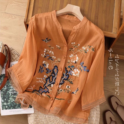 Large Size Mom Embroidered irt Women's Spring New Cotton Linen irt High End f Sve Seven Sve Women's Top