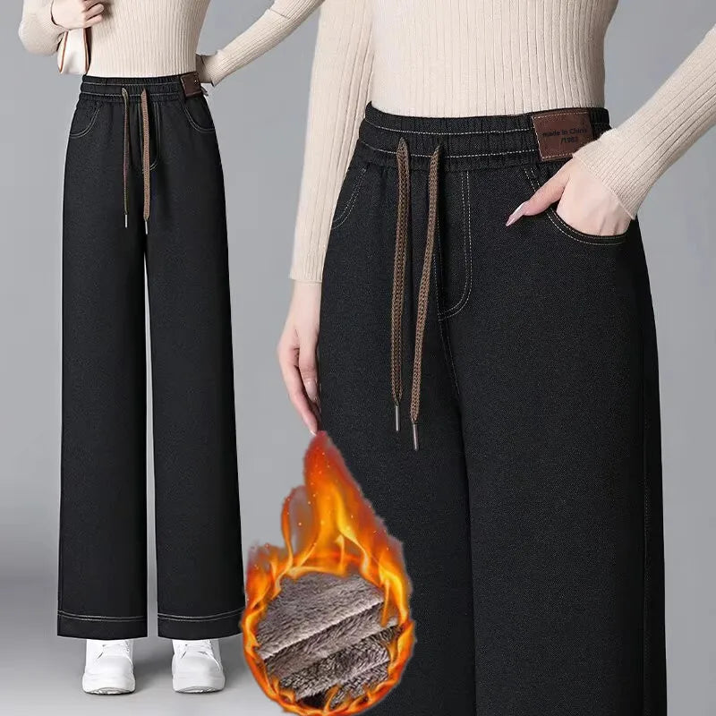 Women's Fleece Lined Wide Leg Pants High Waist Elastic Casual Mom Straight Leg Jeans Style Autumn Winter Fashion Loose Fit