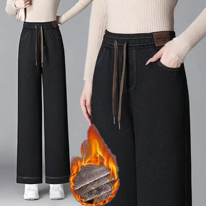 Women's Fleece Lined Wide Leg Pants High Waist Elastic Casual Mom Straight Leg Jeans Style Autumn Winter Fashion Loose Fit