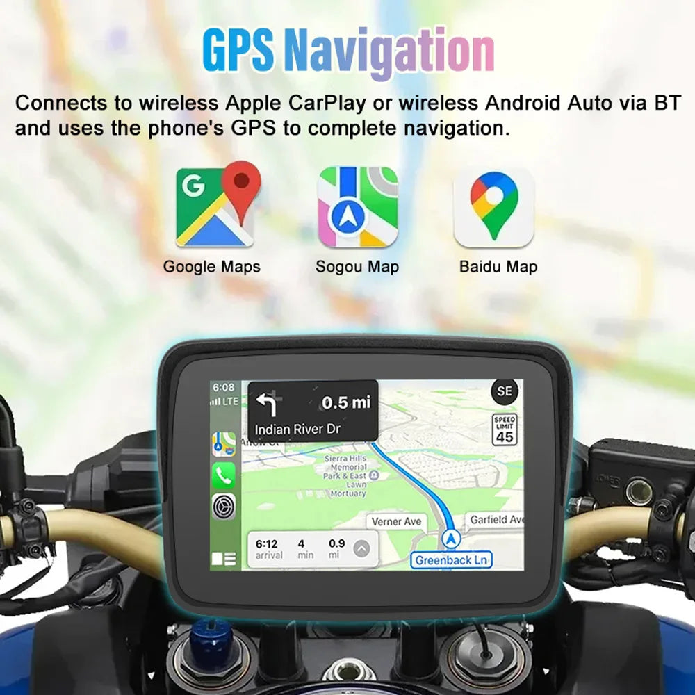 GPS Navigation Motorcycle GPS Waterproof IP67 GPS Nivigator with Carplay Display Motorcycle Wireless Android Auto GPS Navigator