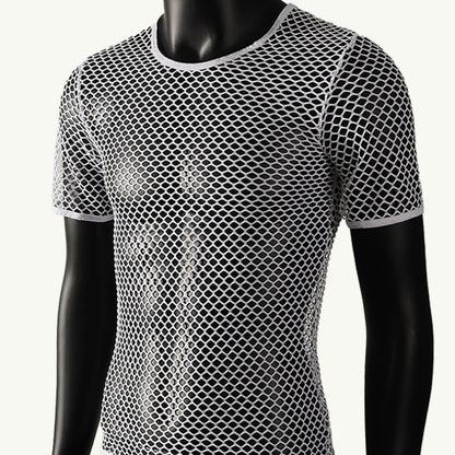 Men's Fishnet Mesh T-Shirt See Through O-neck Short Sleeve Hollow Out Tops Breathable Streetwear Nightclub Party Sheer T Shirts