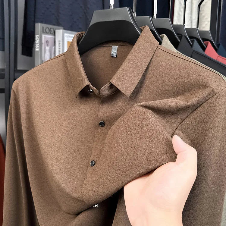 Men's Wool-Blend Dress Shirt Charcoal Gray Business Essential Seamless Technology Non-Iron & Tailored Collar All Season Comfort