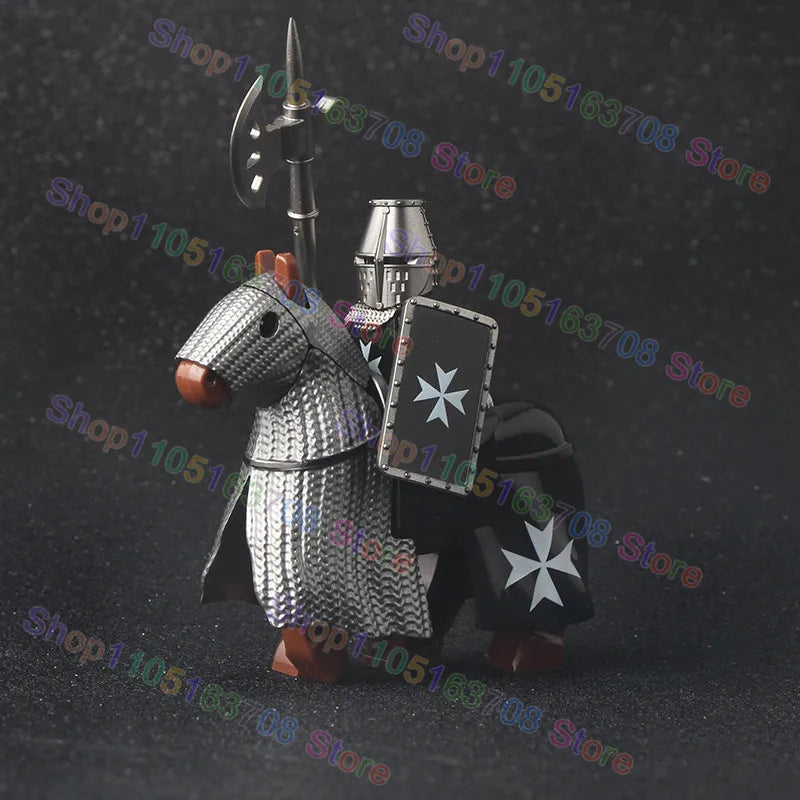 MOC Medieval Military Crusader Knight Building Blocks Castle Army Soldier Figure Horse Mount Shield Sword Accessories Bricks Toy