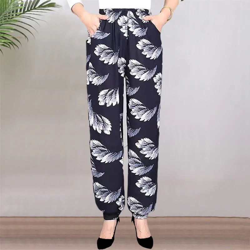 High Waist Lantern Pants Casual Cotton Silk Large Size Printed Long Trousers for Middle-Aged And Elderly Women