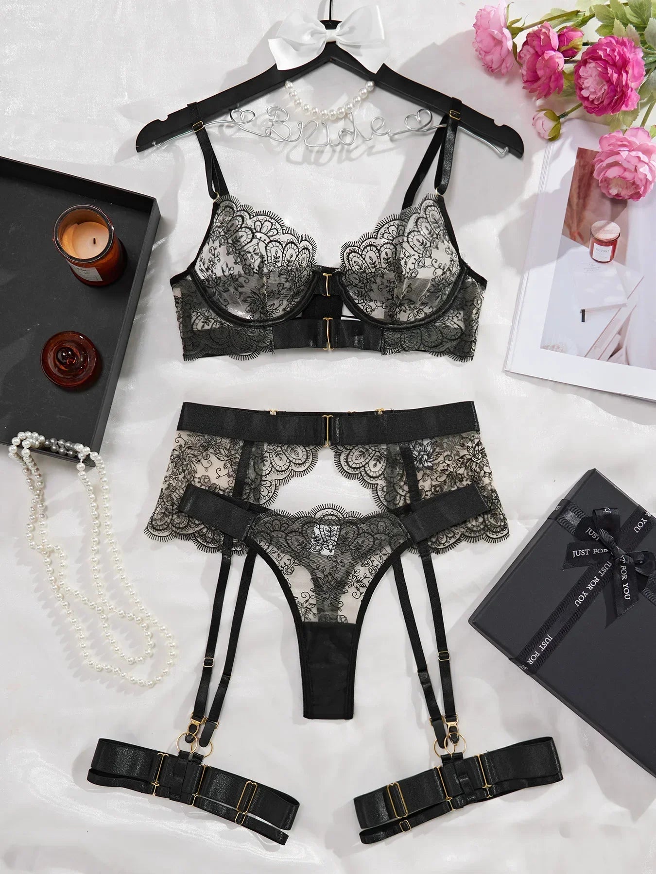 Lace Bra Brief Garter Set Women Sexy Lingerie Suspender Underwear See Through Outfits Luxury Sleepwear Hot Bilizna Nightwear