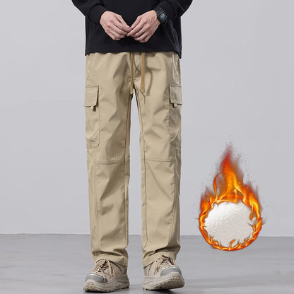 Men's Fleece Cargo Pants Winter Fashion Casual Pants Large Pockets Loose Velvet Trousers Male Plush Thickened Warm Pants