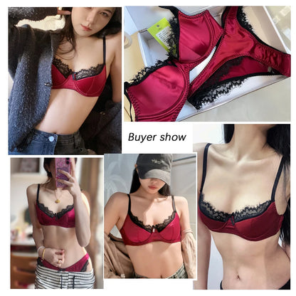 Luxury Satin Lace Lingerie Set Breathable Thin Cotton Cups Underwire Push Up Bra And Thong Sexy Women Underwear for Small Chest