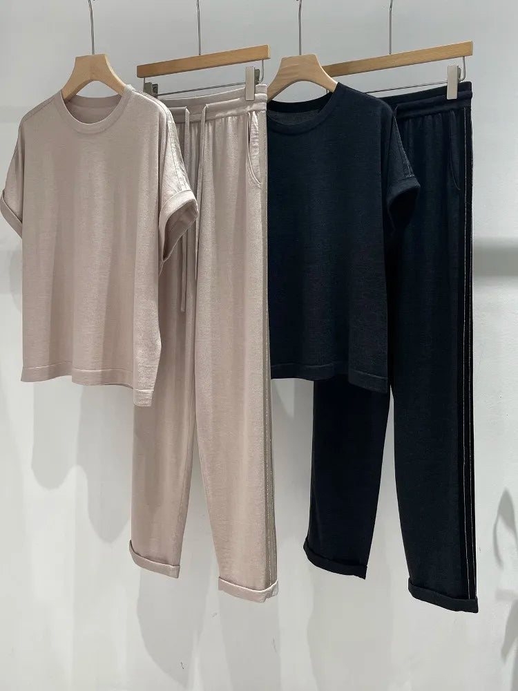 2026 Summer Women's Wool Crew Neck Knit Sweater Short Sleeve Slim Fit Pants Knit Set