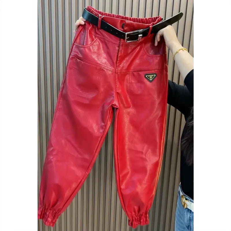 Autumn Winter Leather Pants Fashion High Quality Leg Windproof Plus Velvet Haren Pants All-Match Slimming Casual Trousers Women