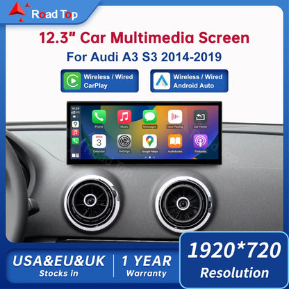 CN Road Top 12.3 Inch Touch Display For Audi A3 S3 2014-2019 Multimedia Player Andriod Auto Link GPS Carplay Screen Car Play