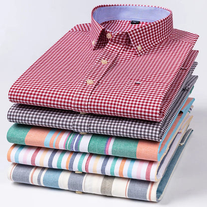 100% Cotton Oxford Casual Shirts For Men Long Sleeved Plaid Striped Soft Regular Fit Formal Single Pocket Social Fashion Blouses