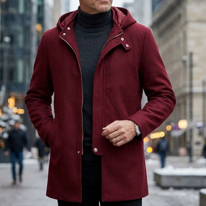 New Men's Jacket Wool Blends Autumn/Winter Hooded Trench Coat - Long Zip-up Jacket Solid Streetwear Overcoat Jackets for Men