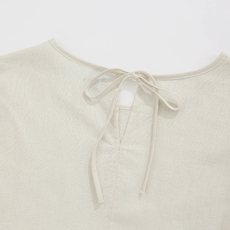 Summer Cotton Linen Women Dresses Vintage Short Sleeve Casual Loose Back Bandage Harajuku Party Club Dress With Pockets