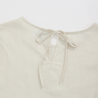 Summer Cotton Linen Women Dresses Vintage Short Sleeve Casual Loose Back Bandage Harajuku Party Club Dress With Pockets