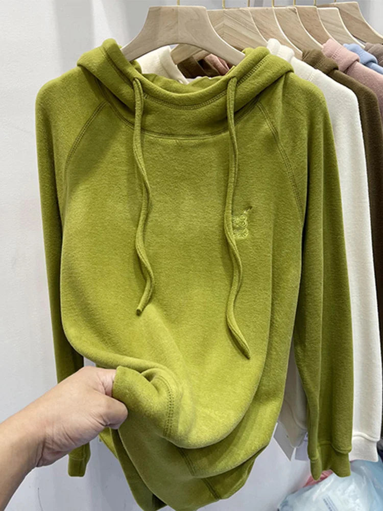 Women's Loose Fit Hoodie Korean Sle Embroidered Dstring Fce Lined Sweatirt Autumn Winter New Arrival
