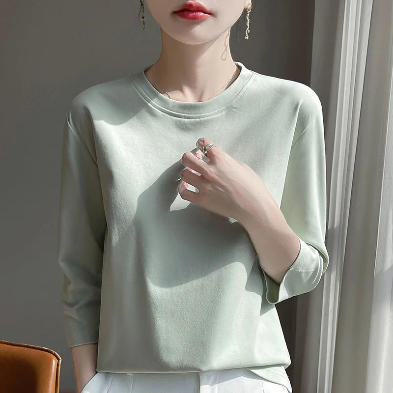 Mercerized Cotton Cropped Sleeve Female Spring And Summer 2023 New Round Neck Loose 100% Cotton Short Sleeve Bottoming T-Shirt