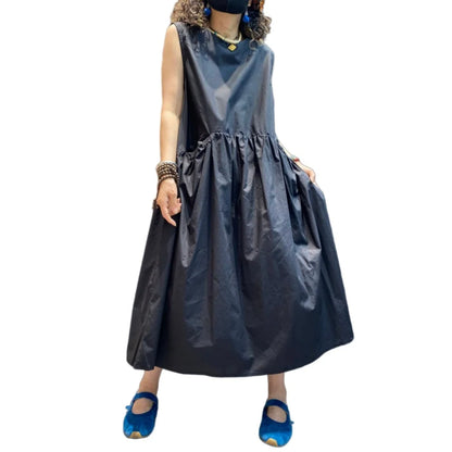 Minimalist Style Pleated Sleeveless Dress Women Black Waist-cinching Casual Long Dress Black XY335