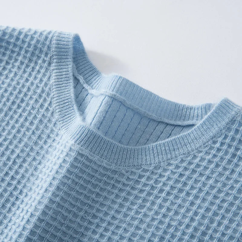 Men's 100% Cashmere Waffle Knit Round Neck Short Sleeve T-Shirt Casual Loose Pullover Vest New Autumn And Winter Sweaters Vesr