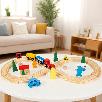 Children's Pine Wood Train Track And Vehicle Toy Set - Educational City Scene Toy With Tracks Cars Traffic Signs And Buildings