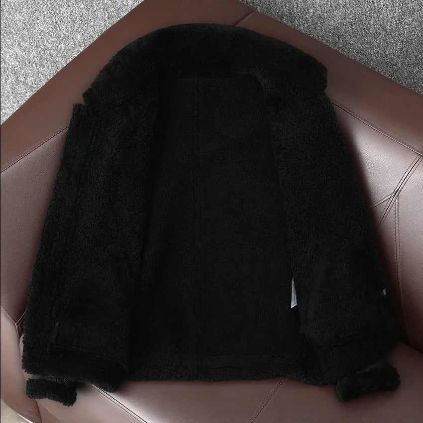 2025 Male Sheepskin Winter Aviator Genuine Leather Jacket Men's Bomber Flight Woolen Jackets Heavy Biker Parkas With Natural Fur