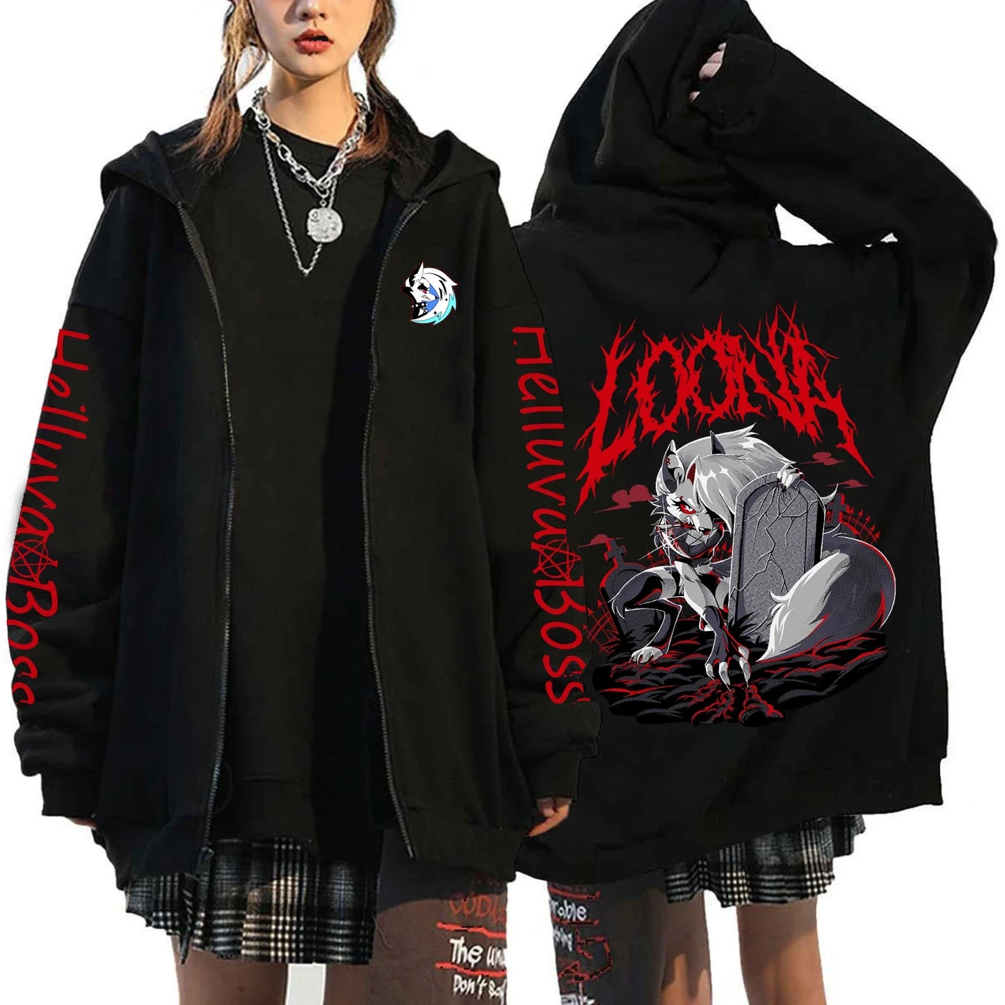 Helluva Boss Print Hooded Zipper Men Women Casual Fashion Fall Winter Warm Vintage Long Sleeve Tops Fleece Zip-Up Sweatshirts