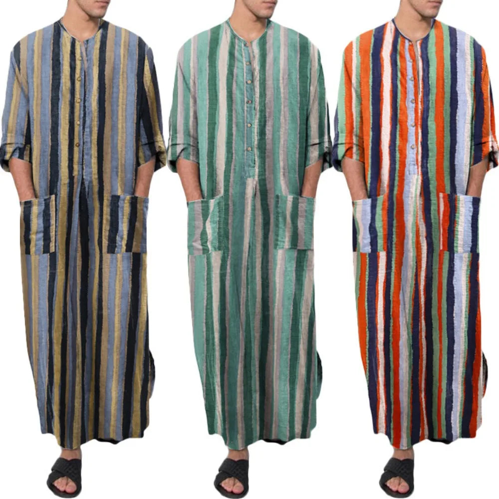 Men's Striped Print Arabic Thobe - Long Sleeve One Piece Islamic Robe,Middle Eastern Traditional Muslim Wear with Ethnic Pattern