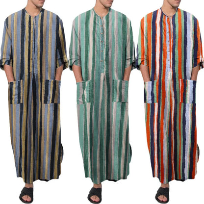 Men's Striped Print Arabic Thobe - Long Sleeve One Piece Islamic Robe,Middle Eastern Traditional Muslim Wear with Ethnic Pattern