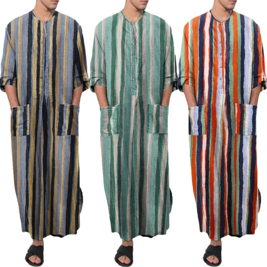Men's Striped Print Arabic Thobe - Long Sleeve One Piece Islamic Robe,Middle Eastern Traditional Muslim Wear with Ethnic Pattern