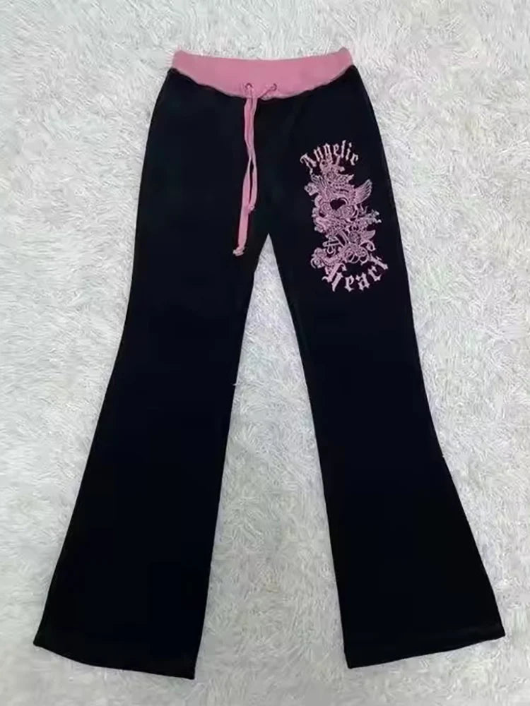 Hip-Hop Streetwear Pants Women Y2K Gothic Drawstring Trousers Spring Autumn Classic Fashion Pink-black Patchwork Bootcut Pants