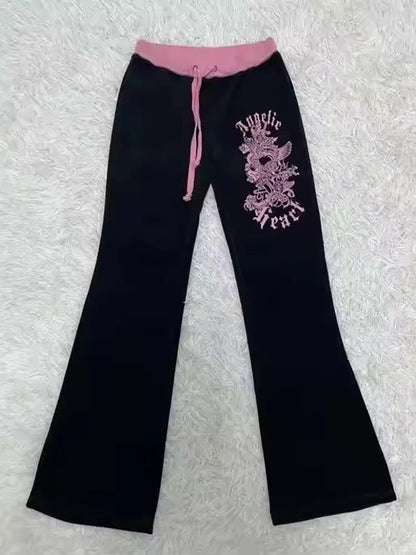 Hip-Hop Streetwear Pants Women Y2K Gothic Drawstring Trousers Spring Autumn Classic Fashion Pink-black Patchwork Bootcut Pants