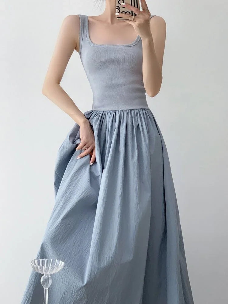 new Summer Patchwork Sleeveless Dress Vintage Female Fashion Casual Holiday Dress For Women Square Neck Long Party Dresses