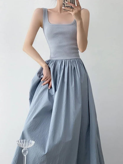 new Summer Patchwork Sleeveless Dress Vintage Female Fashion Casual Holiday Dress For Women Square Neck Long Party Dresses