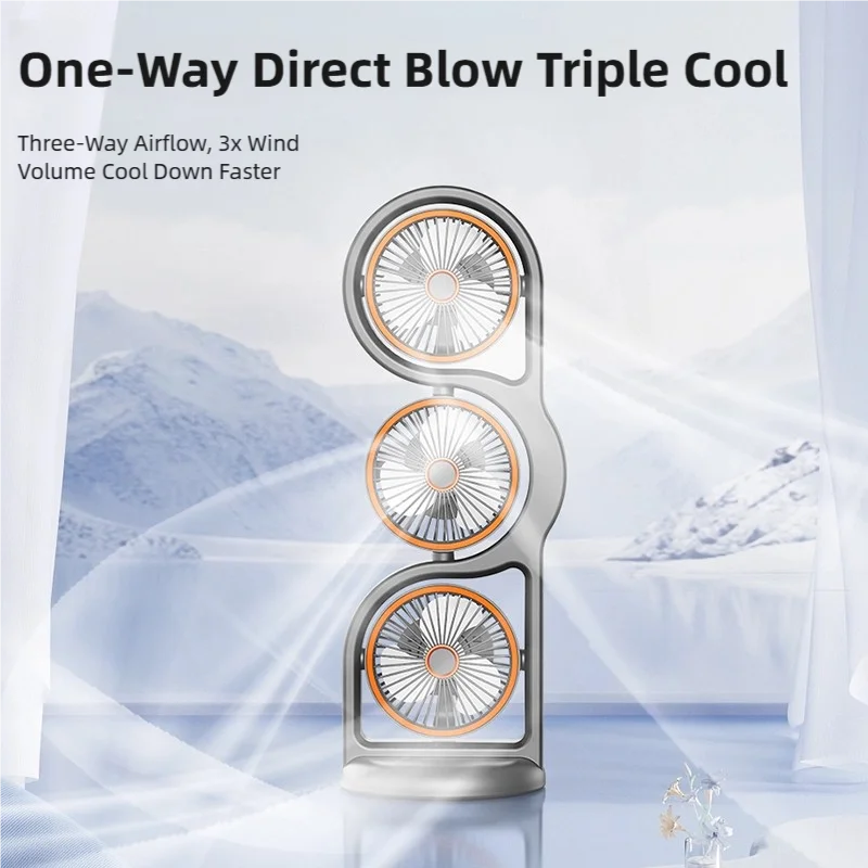 TINSOL 2026 New Portable USB Rechargeable Three-Head Fan – 360° Circulation, 5-Speed Wind, Dormitory and Outdoor Desktop Fan