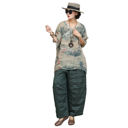 Artistic Ramie Suit Women Summer Printed Lightweight V-neck Mid-length Top + Loose Pants Two-piece Set XY307