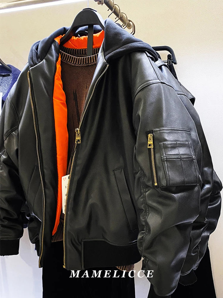 MAMELICCE Original design Hooded Splicing Faux leather jacket Men's clothing Thickened coat Cotton jackets Autumn and winter top