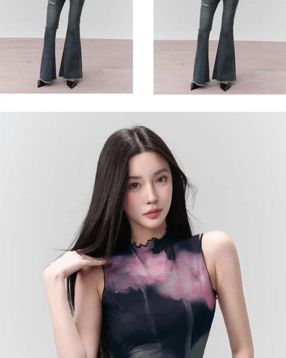 Yedinas Patchwork Tank Tops Summer 2024 Korean Fashion Mesh Tops Streetwear Sleeveless Tshirts Y2k Sheer Grunge Aesthetics