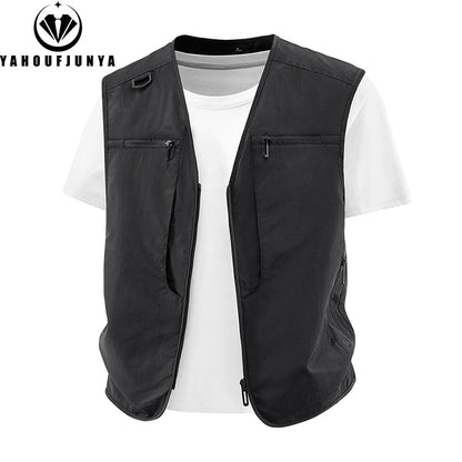 2026 Summer Men Sleeveless Outdoor Cargo Leisure Work Vest Men Pocket Solid Color Fishing Camping Thin Vest Male Waistcoat 8XL