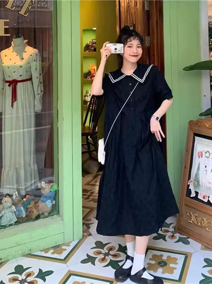plus Size 300 Pounds Nautical Collar Dress Women's Loose over Knee Long Dress Conceal Meat Slimming College Style  Color