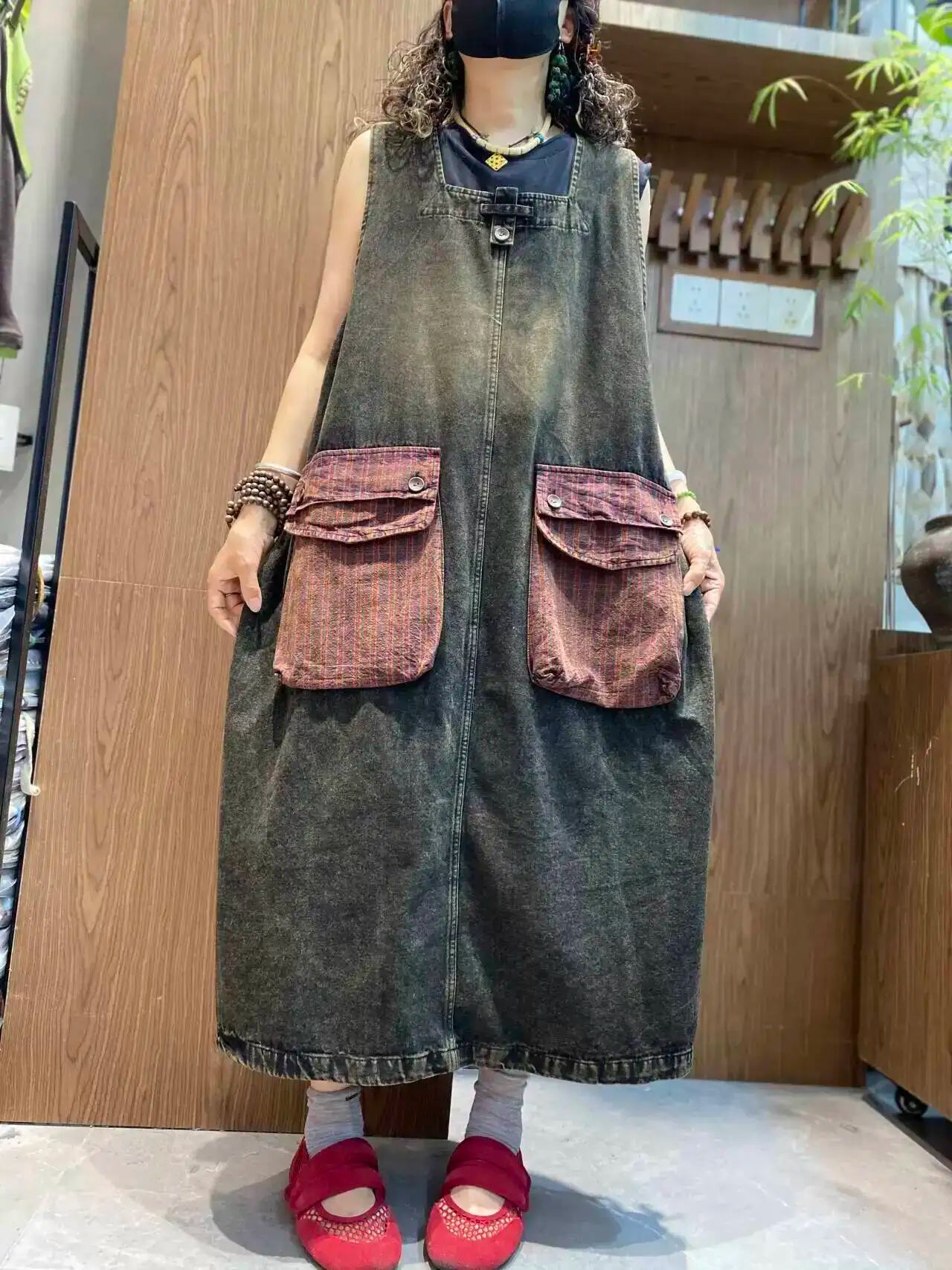 Color-blocked Large Pocket Denim Dress Women Sleeveless Suspender Tank Dress XY326