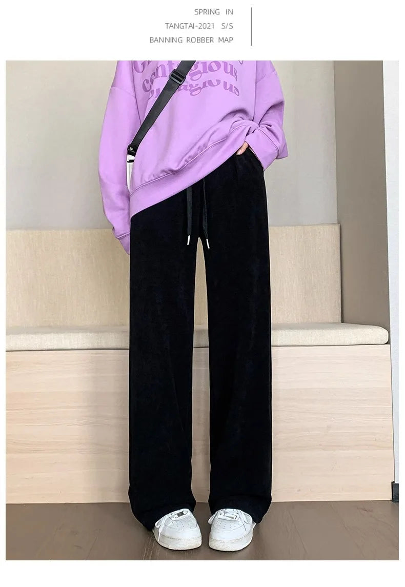 plus Size Women's Casual High Waist Thin Wide Leg Pants Spring Autumn Straight Cut Long Trousers Comfortable Slimming Effect