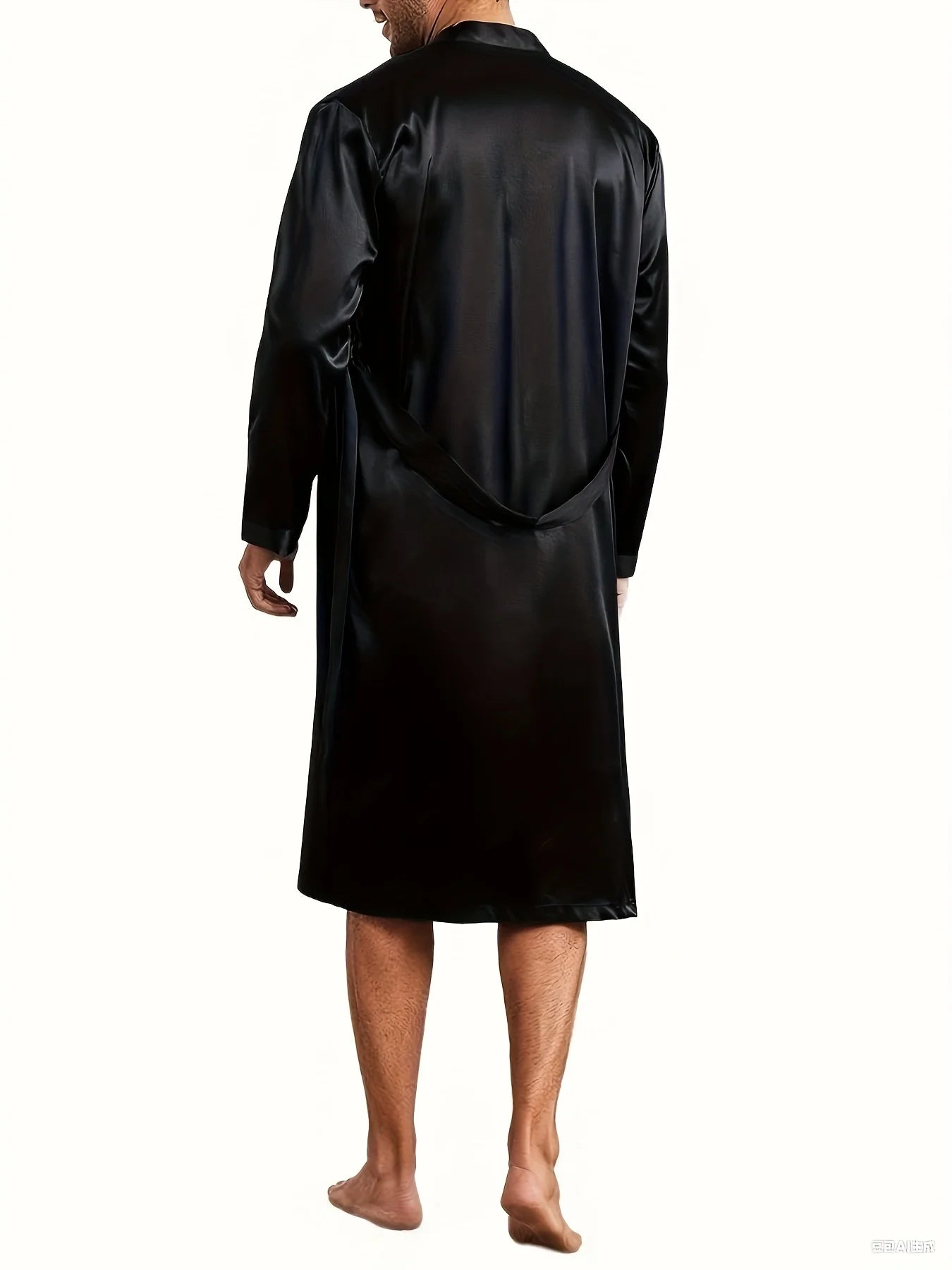 Autumn Men's Black Robe with Pockets Summer V-Neck Nightgown Long Sleeve Sleepwear with Belt Detail + Shorts Loungewear Set