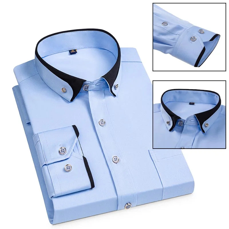 Fashion Color Contrast Men's Elastic Non-iron Long-sleeved Business Shirts Diamond Button Single Pocket Comfort Workwear Clothes