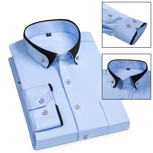 Fashion Color Contrast Men's Elastic Non-iron Long-sleeved Business Shirts Diamond Button Single Pocket Comfort Workwear Clothes