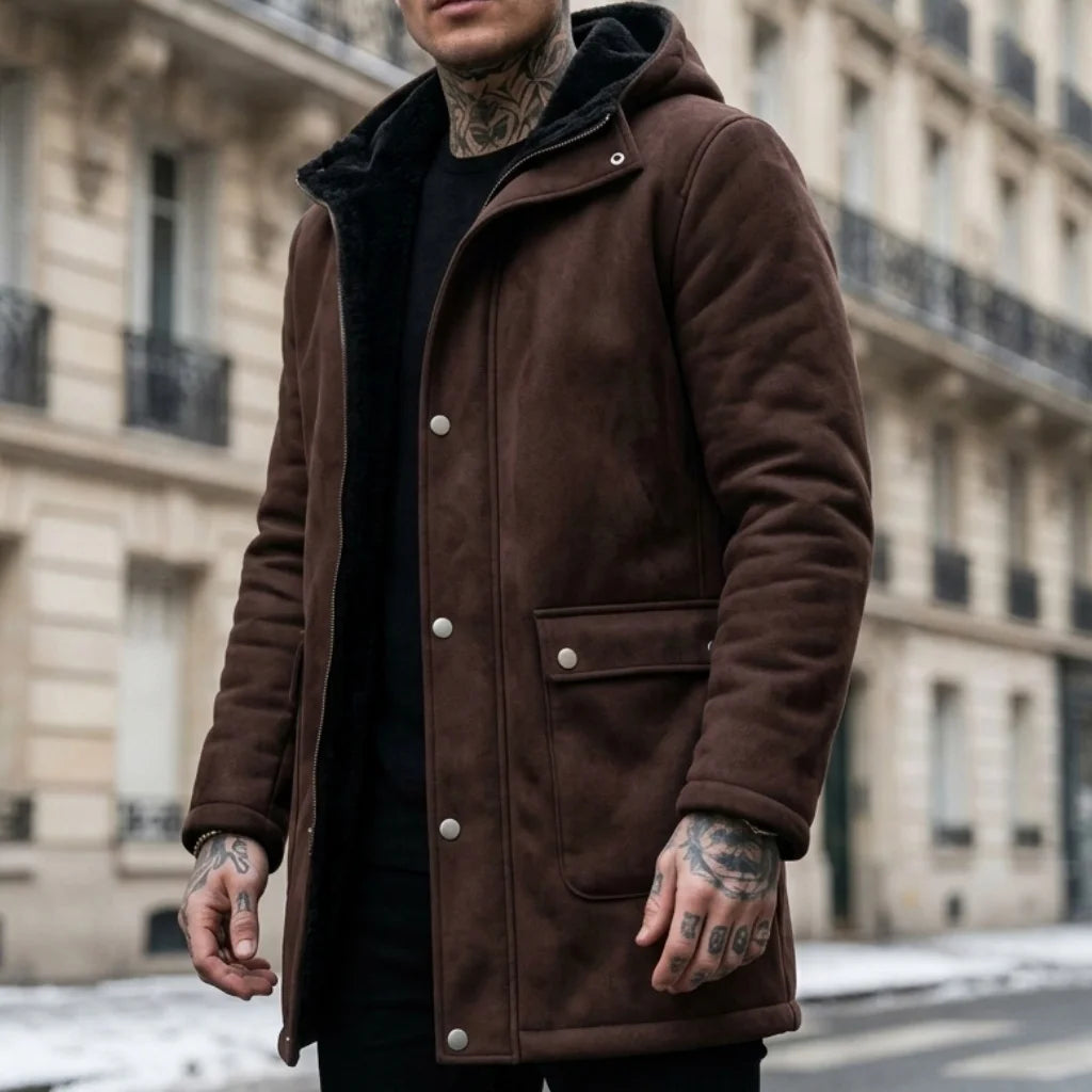 New Winter Arrivals Fleece-Lined Jackets Men’s Hooded Jackets Outdoor Windproof Zip-Up Trench Coats Faux Suede Coats Male Coat