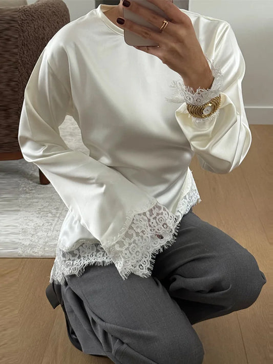 Solid Women Lace Patchwork Top Long Sleeve O-neck Irregular Hem Female T-shirt Casual Spring Summer Loose All-match Clothing
