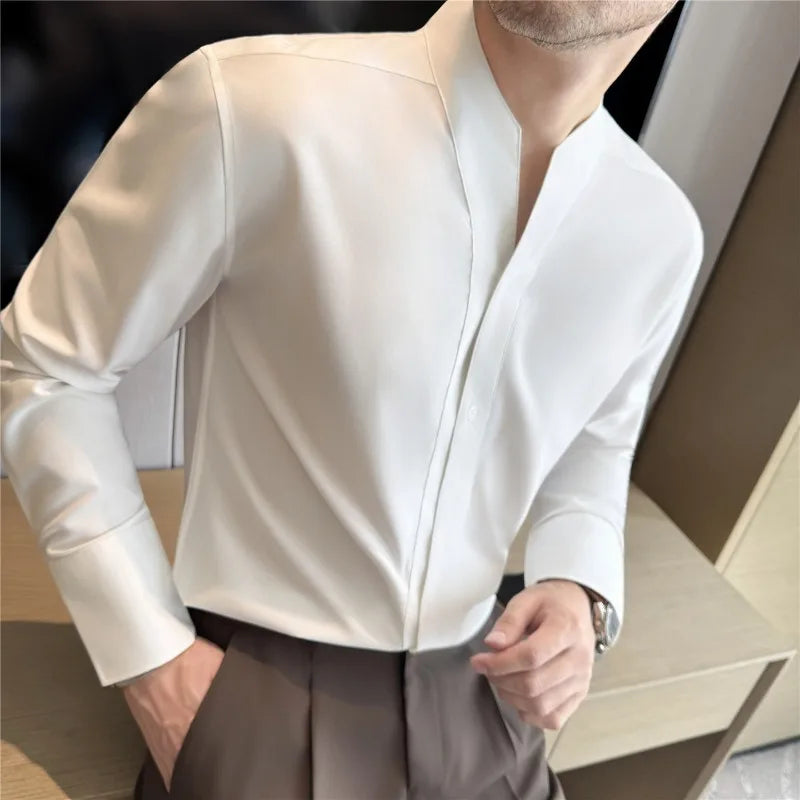 Men V-neck Shirt British Style Anti-wrinkle Soft Solid Casual Elastic Slim Fit Top Long Sleeved Dress Shirt Fashion Men Clothing